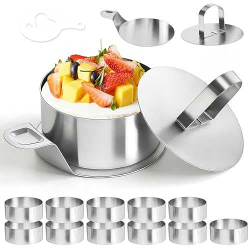 Anillos para Tartas de Acero Inoxidable,12 Piezas Anillo para Pasteles Redondos 8cm, 2 Tapas a Presión, 2 Palas con 16 Plantillas para Arte Latte, Aros para Tartas, Mousse, Postres