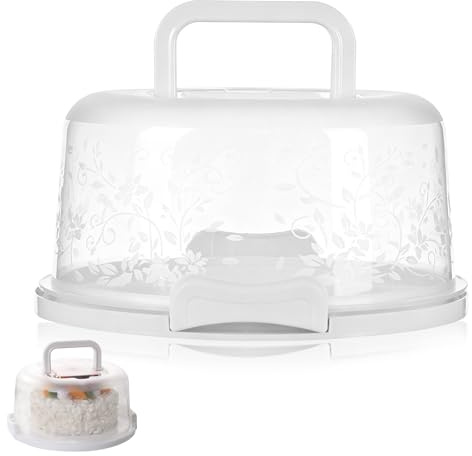 XONWW 10 Inch Cake Carrier, Clear Plastic Cake Container with Collapsible Handle Lid and Locking Buckle Portable Cake Storage Box for Pies Cupcake Muffins Party (White)