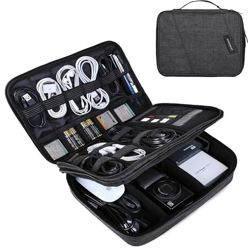 Elektronisk organisatör, BAGSMART tillbehörsorganisatör resa dubbelskikt elektronikväska stor för 10,5 tums iPad Pro, adapter, kablar, svart