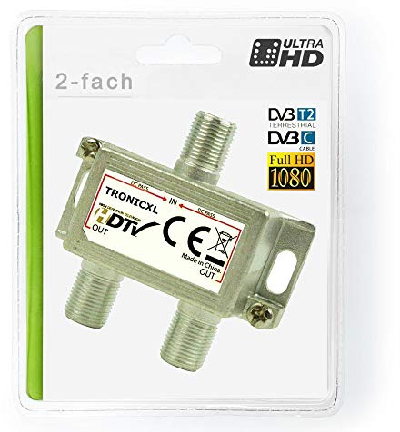 TronicXL digital premium 2-delad antennfördelare mjuk splitter zb för satelliter F-kontakt DVB-T DVB-C SAT Dab+ DAB HDTV 4K CATV bredband UKW radio radiosplitter med DC-genomgång