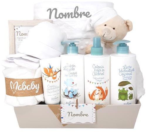 Mababyshop Canastilla Regalo Bebé Personalizada Bubble Aldem con Manta Bordada, Dou Dou, Set de Primera Puesta, Pastel de Pañales, Marco con Significado del Nombre y Set de Higiene para Bebé (Blanco)