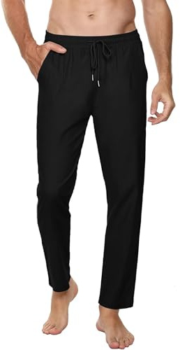 Sykooria Pantalones Deportivos de Mezcla de Lino y Algodón para Hombre con Bolsillos Pantalones Casuales Ligeros y Transpirables para Yoga, Fiesta, Playa y Caminar-Negro-XL