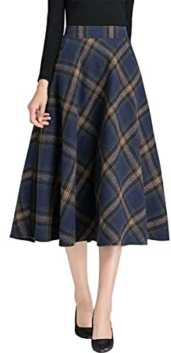 Idealsanxun - Faldas largas de Lana a Cuadros para Mujer, Cintura elástica, Acampanada, Plisadas, XS