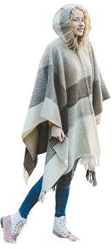 Ger3as Poncho con capucha para mujer 100% lana capa para mujer de material de punto con capucha Ruana abrigo de forro polar