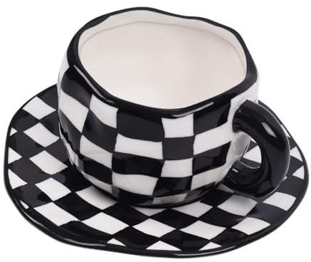 Koythin Ceramic Coffee Mug, Novelty Black and White Plaid Cup with Saucer for Office and Home, Dishwasher and Microwave Safe, 10 oz/300 ml for Latte Tea Milk (Black and White Plaid)