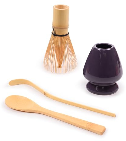 BambooMN Brand - Matcha Green Tea Whisk Set - Whisk + Scoop + Tea Spoon + Purple Whisk Holder