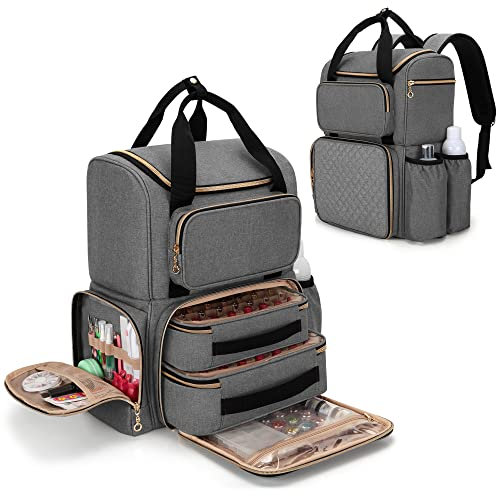 Luxja Nail Polish Organiser - Backpack Version Holds 70 Bottles and a Nail Lamp, Travel Bag with 2 Removable Cases and Tools Storage Pockets (Patent Pending), Grey