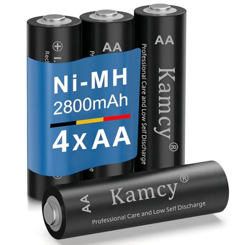 KAMCY Pilas AA Recargables Alta Capacidad 2800mAh 1,2V Pilas Recargables AA, Listas para Usar, NI-MH Baterías Recargables, desarrolladas para Luces solares de jardín, Paquete de 4 (Pro)