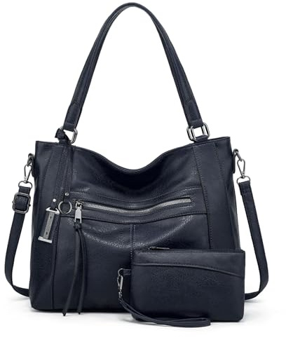 BAIGIO 2-teilige Handtasche Damen Umhängetasche Mittelgroß Shopper Tasche PU Leder Crossbody Tote Bag Set Schultertasche Damentaschen Henkeltaschen Tragetasche mit Geldbörse Reißverschluss, Dunkelblau
