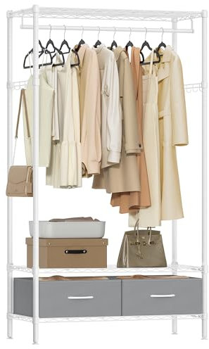 SONGMICS Kleiderständer, offener Kleiderschrank, Garderobe mit Gitterablagen, Garderobenständer mit 2 Schubladen und Kleiderstange, freistehend, wolkenweiß-taubengrau LGR411W01