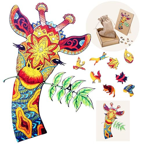 Engelhart - 602080 - Puzzle en Bois Girafe - 113 Pièces Originales - Puzzle Animaux - Boîte Cadeau en Bois - À partir de 12 Ans - 21 x 29.7 cm - Découpe au Laser, Épaisseur 3 mm