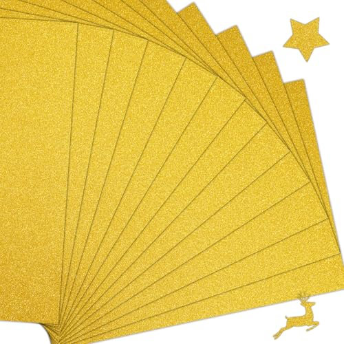 15 Blatt Glitzerpapier zum Basteln, 250g/m² Gold Papier 21x29.7cm Glitterkarton, Glitzer Papier für Kinder, Glitter Bastelpapier für DIY Grußkarten, Scrapbooking