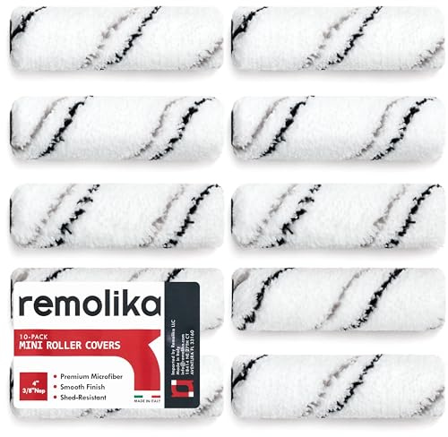Remolika 10-Pack 4 Inches Mini Paint Roller Covers for Smooth and Lint-Free Finish - 3/8 Nap - Made in Italy - Premium Microfiber Roller Naps for All Paints and Stains