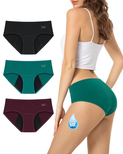 Period Pants Heavy Flow 60ML Absorbency Period Underwear for Women Extra Protection Soft Breathable Leakproof Washable Menstrual Knickers Postpartum Underwear Pack of 3,Black&Wine Red&Dark Green,M
