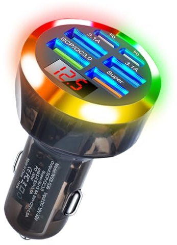 Super Fast Charge USB C Car Phone Charger Adapter 6 in 1 with Voltage Display 250W Multi Port Cigarette Lighter USB Charger with Volt Meter for iPhone 16 15 Pro Max 14 Plus 13 Samsung Android Phone