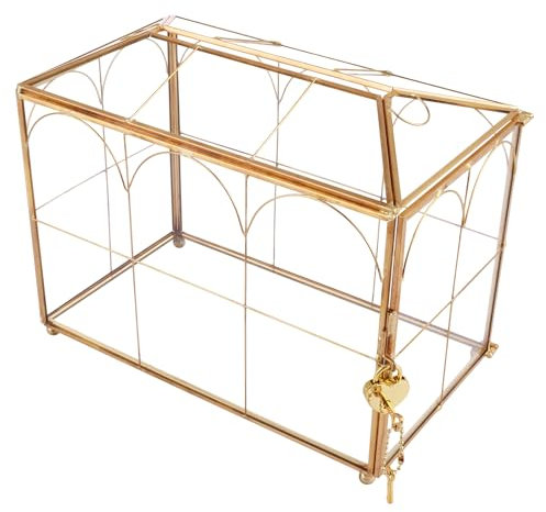 LOLYSIC Glass Card Box with Slot and Lock for Wedding, Party Reception, Wishwell Keepsake, Donation, Geometric Decorative Glass Terrarium Box Gift Card Box, 26x14.5x21.3cm, Gold