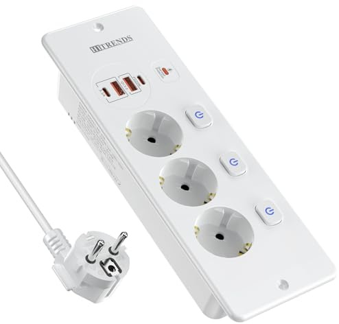 Inbyggt uttag med USB och bordsuttag, 1,8 m kabel, flera uttag 3 fack, överspänningsskydd, 3 250 W, för kök och kontor