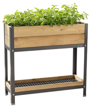 MI HUERTO URBAN Jardinera Elevada Madera con Bandeja Recoge Aguas | Estructura Metálica | Mesa Cultivar Plantas Terraza Jardín Balcón Exterior | Gris | HUERTO Alto - 90x30x90 cm