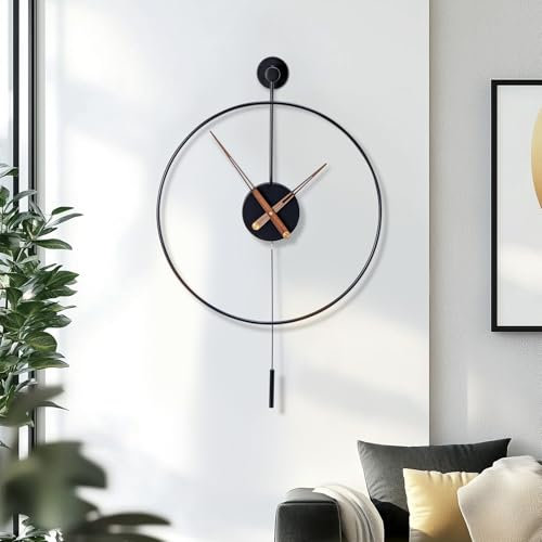 Holdfiturn 50cm Large Wall Clock for Living Room - Silent Non-Ticking Decorative Metal Clock with Pendulum, Stress Relief Art Design for Home & Office(Black)