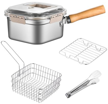Casbomy Edelstahl Frittiertopf, Frittiertopf Mit Sieb, Handheld Frittiertopf, Induktion Abnehmbarer Verbrühschutzgriff Friteuse Topf Gut für Tempura, Pommes Frites und Hühnchen（6 Inch）