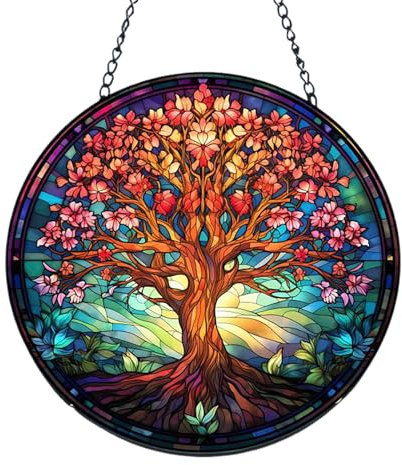 Acchiappasole con albero della vita, per interni ed esterni, da appendere alla finestra, fatto a mano, acchiappasole in vetro colorato per finestra, decorazione da appendere per casa, giardino,