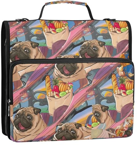 Cute Pug Dog 1 1/2 Inch Binders 3 Ring Zippered Binder Organizer School Binder Bag with Shoulder Strap Business Storage Portfolio Folder with Handle