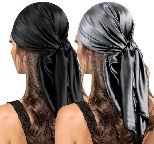 2 Piezas Pañuelo Cuadrado Para Mujer, 90 x 90 cm Negro Seda Bandana para el Cabello