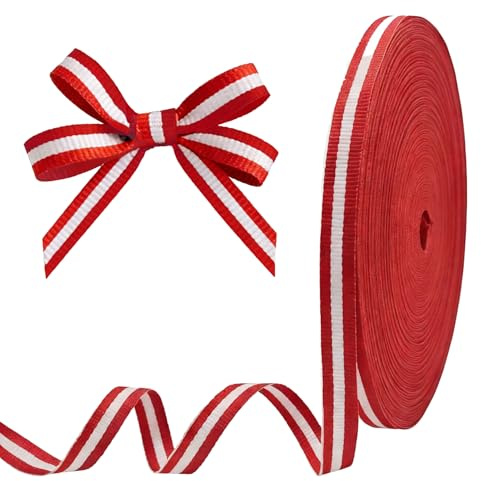 Lot de 50m Ruban à Gros Grain Rouge et Blanc 10 mm - Double Face En Tissu Polyester à Rayures Ruban Pour Bricolage, Décoration de Noël, Emballage Cadeau, Mariage