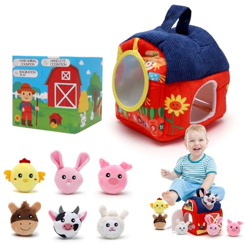 Ranjima Babyleksak 6–12 månader, mjukt bondgårdsset med 6 djur, skallra och spegel, Montessori sensorisk leksak, pedagogisk leksak, jul-/adventskalender&födelsedagspresent för barn 1–3 år