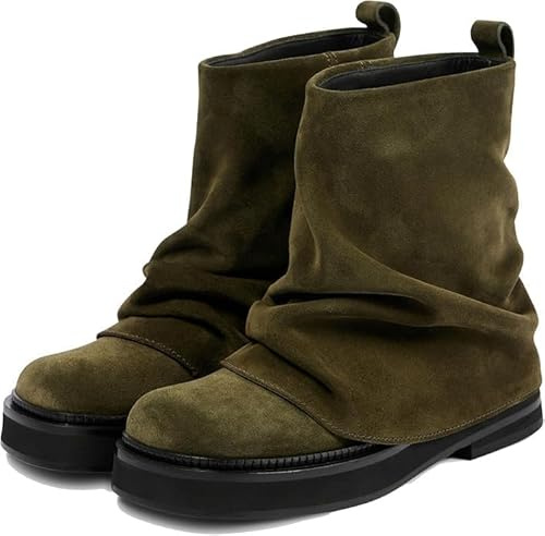 MAVMAX Women Slouchy Ankle Boots Casual Fold Over Round Toe Boots Pull On Wide Calf Chunky Low Heel Platform Boot size 7.5