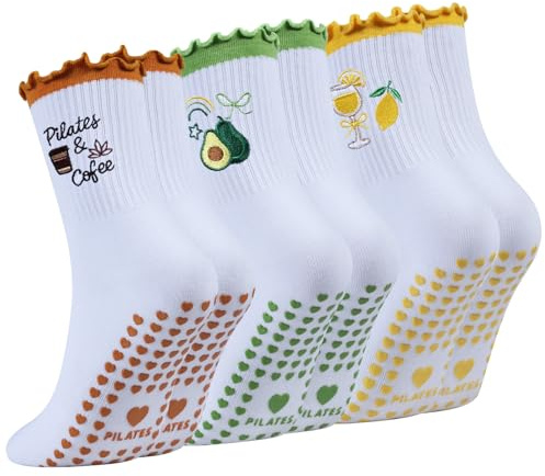 DASHUAIGE 3/6 Pairs Pilates Grip Socks, Yoga Non Slip Crew Socks for Girls, Fruits Patterns Embroidery Ballet Socks for Women (Brown+Yellow+Green)