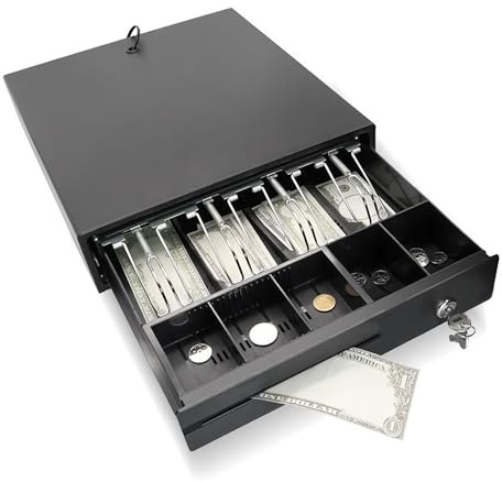 Electronic Cash Drawer Heavy Duty Till Box with Lock 4 Bill and 5 Coin Trays Fixed Insert Compact Register Drawer for Bar Coffee Shop Restaurant and Point Sale Retail Businesses (Modern)