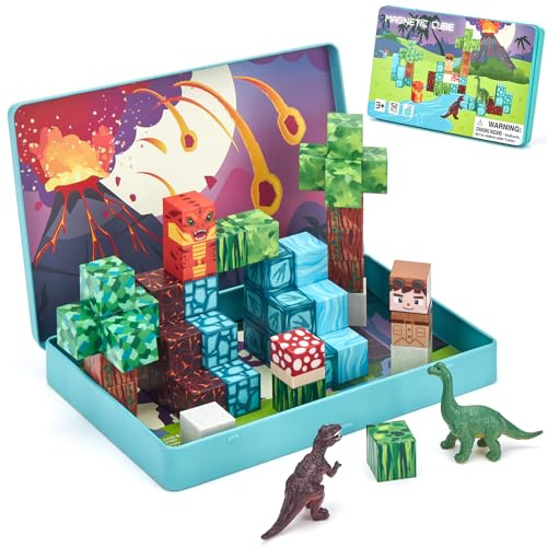 hahaland Costruzioni Magnetiche da Viaggio, 52 pezzi Cubi Magnetici Dinosauri per Bambini, Montessori Giocattolo Viaggio STEM Regali Ragazzi Ragazze 3 4 5 6 anni