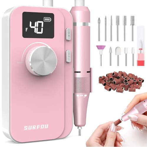 SURFOU Fresa per Unghie 40000 Giri/min, Lima Elettrica Senza Fili Ricaricabile 4000mAh, Velocità Regolabile, Silenziosa e a Basse Vibrazioni, Display LCD, per Gel, Acrilico e Naturali
