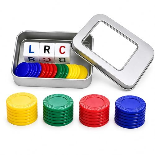 Portable Left Right Centre Dice Game with 3 Dice and 40 Chips | Group Table Set with Storage Box for Families, Friends and Travel