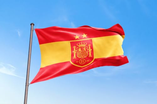 Oedim Bandera de España con Escudo de la Selección Española| Especial Mundial 150x85cm | Bandera de España | Diferentes diseños a elegir | Reforzada y con Pespuntes