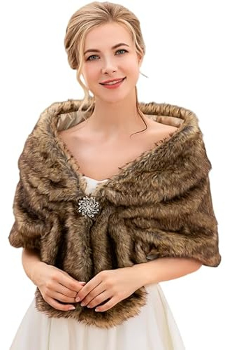 Unicra Women's Wedding Faux Fur Wraps and Shawls Bridal Fur Stoles Scarf with Rhinestones Brooch for Bride and Bridesmaids(Brown)