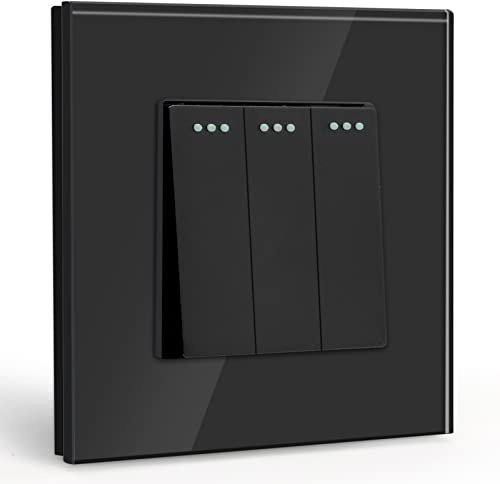 BSEED Light Switch 3 Gang 1 Way,Glass Light Switches,Screwless 10A Rocker Tactile Wall Switch,Black Crystal Toggle Switch