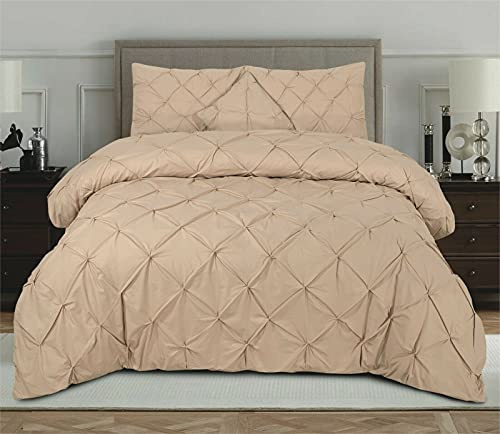Pintuck Duvet Set Eliza Bedding Hand Stitched 68-Pick Fibre 50/50 Polycotton Machine Washable (Latte Beige, King)