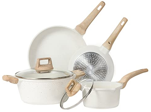 CAROTE Pots and Pans Set, Cookware Set 6-Piece, Non Stick Induction Hob Pan Set with Frying Pan, Saucepan, Stockpot, White (Ice 6pcs Set)