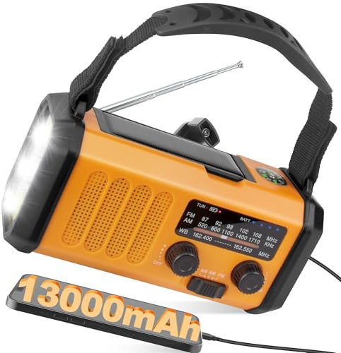 48100mWh/13000mAh Solar Kurbelradio, AM FM Notradio Batterieradio,700LM LED Taschenlampe & Leseleuchte,Aufladbar Powerbank,USB Handy-Lader,SOS Alarm,Kompass für Notfall Überleben Stromausfälle