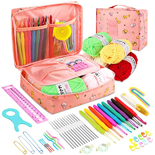 Acemall Crochet Kit para Adultos Principiantes, Ganchillos Crochet Ergonómico Agujas Incluye 0.6mm-6.0 mm Agujas Ganchillo, Lana, Tijeras, caja y de tejer, Regalo dia de la Madre