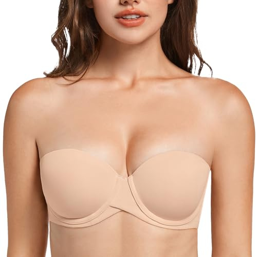 MELENECA Tung vadderad push-up med lyft multiway bygel axelbandslös BH för kvinnor, BEIgE, 80B