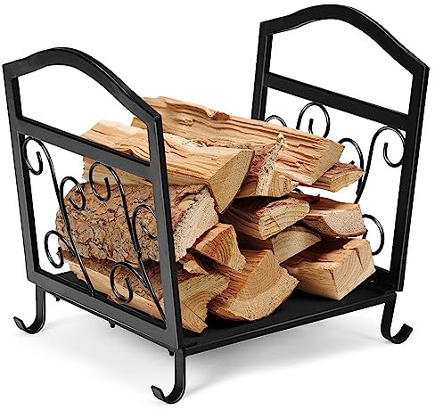GYMAX Estantería para Leña con Estructura de Metal, Estante de Almacenamiento de Leña con Base Estable y Asas, Leñero para Chimenea para Interior y Exterior, 43 x 32,5 x 40 cm, Negro