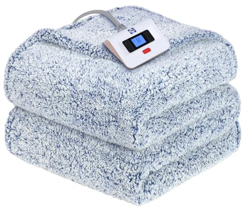 Sealy Electric Blanket Twin Size, Soft Sherpa Heated Blanket Single Control with 10 Heating Levels & 1 to 12 Hours Auto-Off Settings Over-Heated Protection 62x84 Machine Washable, Blue