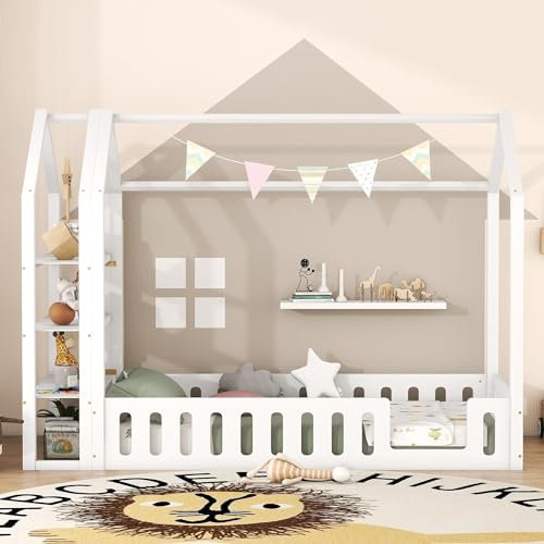 HUMZGHG Kinderbett bodenbett 90x200 cm mit Geländer Montessori Bett Hausbett mit 3 Regalen und rausfallschutz Dreifach Bodenstehender Bettrahmen für Jungen Mädchen (Weiß)