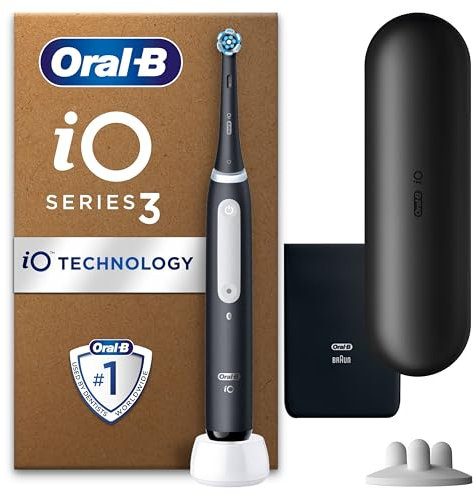 Oral-B iO 3 Matt Black Ultimate Clean Electric Toothbrush, 1 Refill Holder, 1 Charger Pouch, 1 Travel Case, Designed by Braun, Packaging May Vary