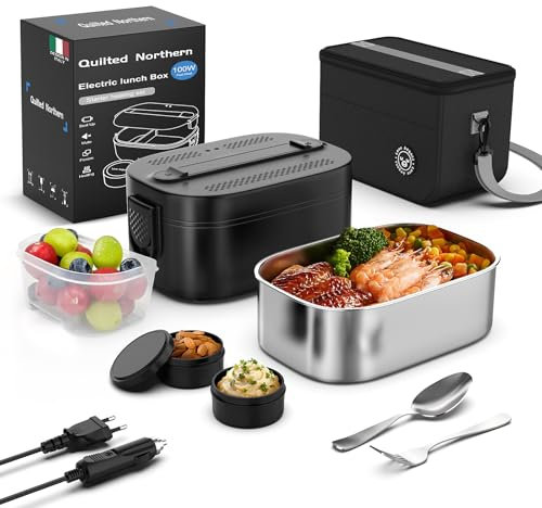 Gamelle Chauffante, 100 W Lunch Box Chauffante Electrique, 1,8 L Gamelle Isotherme pour Repas Chaud, 12V/24V/220V Boite Repas pour Voiture Camion Bureau, Gamelle Chauffante Allume Cigare, Noir