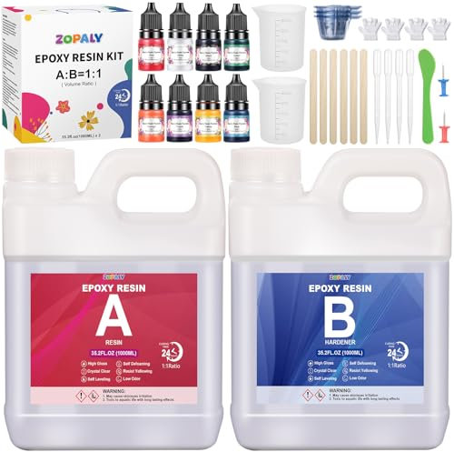 ZOPALY Epoxidharz Set 2000ml/70.4oz, Epoxidharz mit Härter 1: 1 Verhältnis Glasklar Gießharz mit Epoxidharz Farben, Messbecher, Kunstharz Gießen Set für Holz,Schmuckherstellung, Kunst Handwerk
