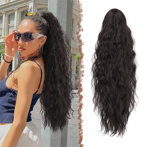 FESHFEN Coleta Postiza Pelo Natural con Pinza Cola Postiza Largo Ondulado Rizado Marrón Negro Sintética Extensiones Coleta Postizos para Mujeres, 65 cm
